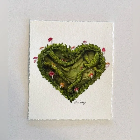 Original Green Heart Mushroom Forest Moss Nature Gouache art Mini fairycore - Picture 5 of 7